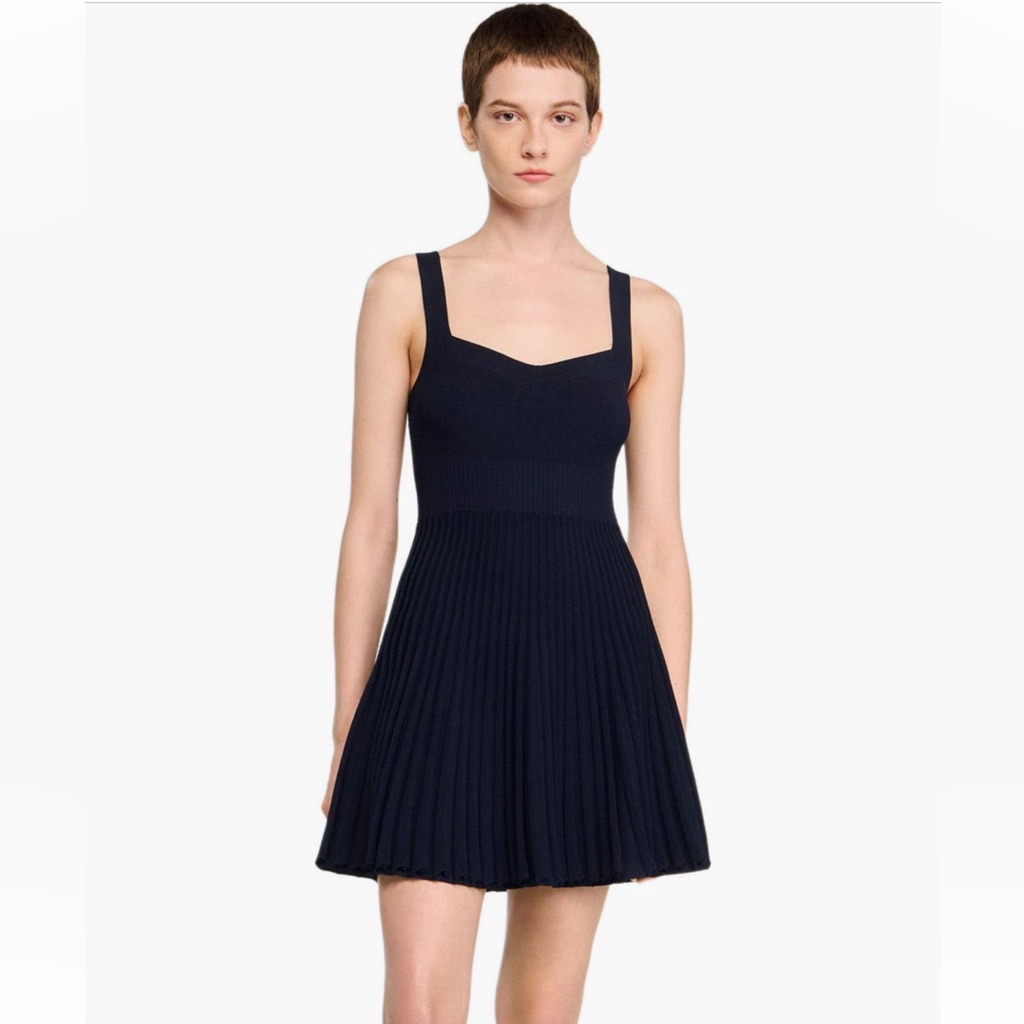 Sandro Nwt Navy Sleeveless Pleated Knit Mini Dress